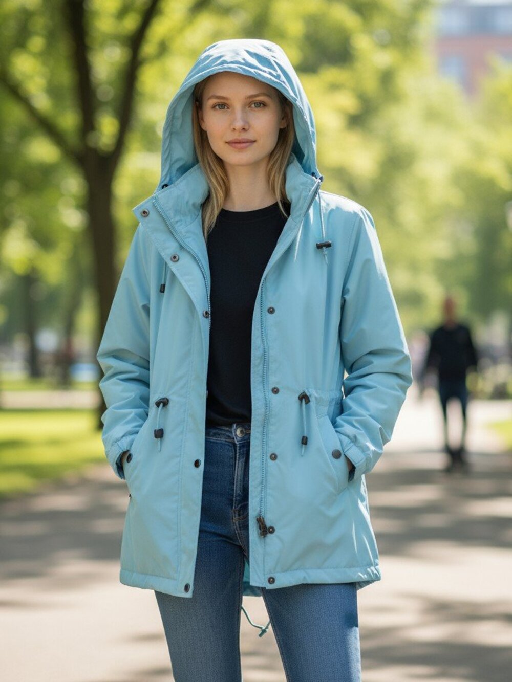 WOMAN WITHIN Blue Hooded Stadium Jacket Removable Fleece Lining M 14 16
